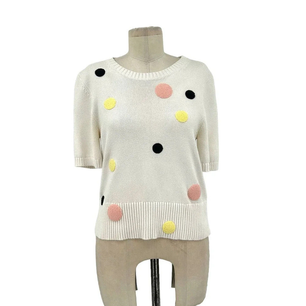 Margaret O'Leary Ivory Polka Dot Short Sleeve Sweater Size Medium